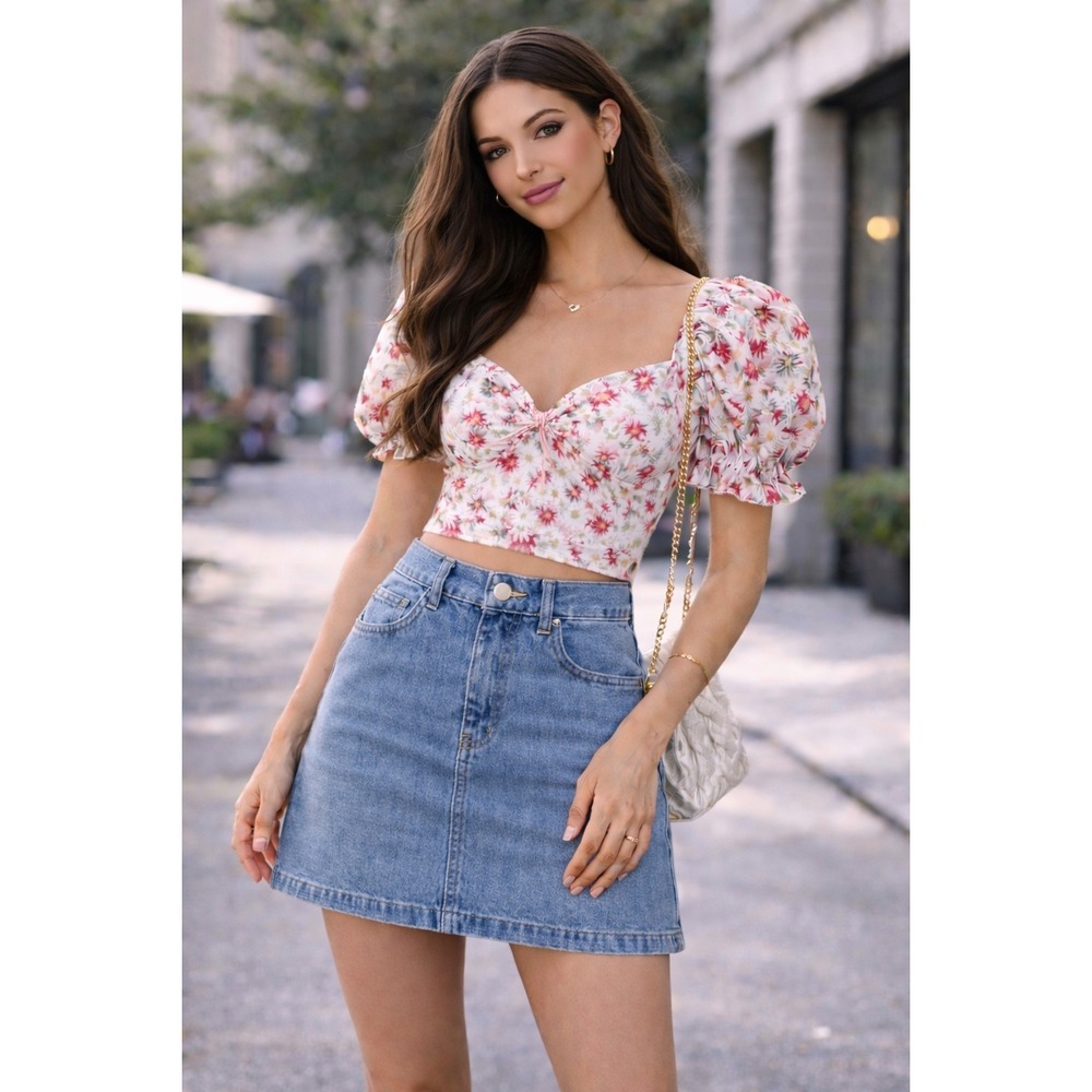 Romantic Floral Puff Sleeve Crop Top Cottagecore Brunch Date Night Top Small